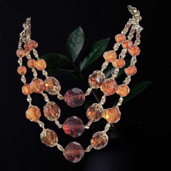 Woman's Vintage Necklace Signed Amber Glass 3 Strand Antique Gold Finish - Picture 6 of 9